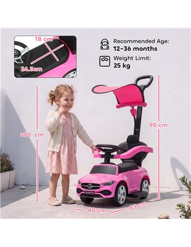 AIYAPLAY 4 in 1 Licensed Benz Ride on Push Car with Handle, Canopy, Guardrails, Horn, Music, Storage for 12-36 Months, Pink