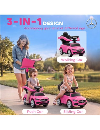 AIYAPLAY 4 in 1 Licensed Benz Ride on Push Car with Handle, Canopy, Guardrails, Horn, Music, Storage for 12-36 Months, Pink