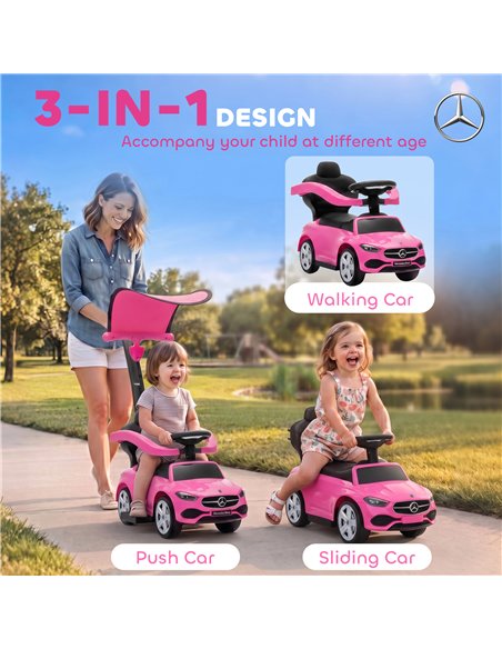 AIYAPLAY 4 in 1 Licensed Benz Ride on Push Car with Handle, Canopy, Guardrails, Horn, Music, Storage for 12-36 Months, Pink - pic 212743 | FastDaddyshop