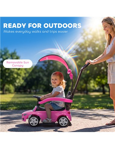 AIYAPLAY 4 in 1 Licensed Benz Ride on Push Car with Handle, Canopy, Guardrails, Horn, Music, Storage for 12-36 Months, Pink