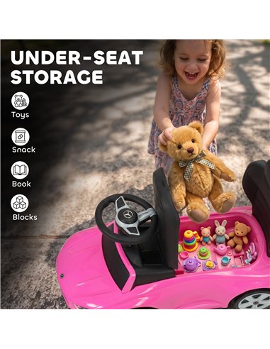 AIYAPLAY 4 in 1 Licensed Benz Ride on Push Car with Handle, Canopy, Guardrails, Horn, Music, Storage for 12-36 Months, Pink