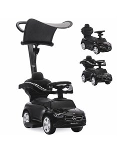 AIYAPLAY 4 in 1 Licensed Benz Ride on Push Car with Handle, Canopy, Guardrails, Horn, Music, Storage for 12-36 Months, Black