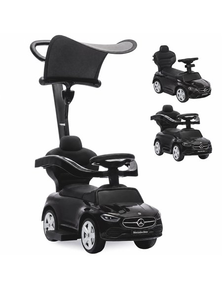 AIYAPLAY 4 in 1 Licensed Benz Ride on Push Car with Handle, Canopy, Guardrails, Horn, Music, Storage for 12-36 Months, Black - pic 212749 | FastDaddyshop
