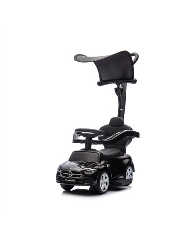 AIYAPLAY 4 in 1 Licensed Benz Ride on Push Car with Handle, Canopy, Guardrails, Horn, Music, Storage for 12-36 Months, Black