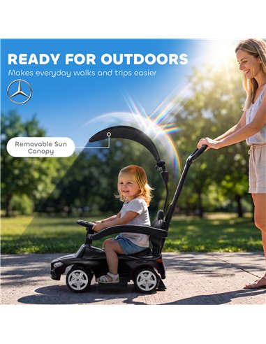AIYAPLAY 4 in 1 Licensed Benz Ride on Push Car with Handle, Canopy, Guardrails, Horn, Music, Storage for 12-36 Months, Black