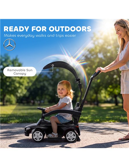 AIYAPLAY 4 in 1 Licensed Benz Ride on Push Car with Handle, Canopy, Guardrails, Horn, Music, Storage for 12-36 Months, Black - pic 212754 | FastDaddyshop