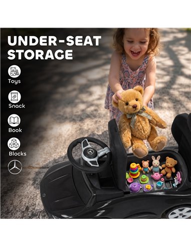 AIYAPLAY 4 in 1 Licensed Benz Ride on Push Car with Handle, Canopy, Guardrails, Horn, Music, Storage for 12-36 Months, Black