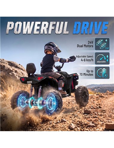 AIYAPLAY 24V 2 Seater Electric Quad Bike for Kids, Ride On Car ATV Toy w/ Forward Backward, for Boys Girls 3-8 Years, Black