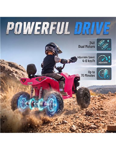 AIYAPLAY 24V 2 Seater Electric Quad Bike for Kids, Ride On Car ATV Toy w/ Forward Backward, for Boys Girls 3-8 Years, Pink