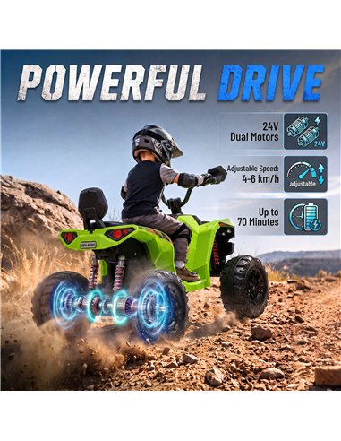 AIYAPLAY 24V 2 Seater Electric Quad Bike for Kids, Ride On Car ATV Toy w/ Forward Backward, for Boys Girls 3-8 Years, Green