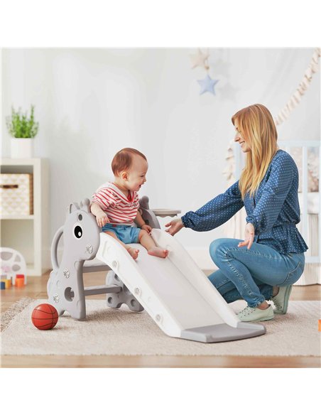 AIYAPLAY 3 in 1 Kids Slide with Climber, Basketball Hoop and Ball, Giraffe Shape Climber Slide for Indoor Kids Age 1-3, Grey - pic 212786 | FastDaddyshop