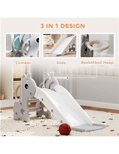 AIYAPLAY 3 in 1 Kids Slide with Climber, Basketball Hoop and Ball, Giraffe Shape Climber Slide for Indoor Kids Age 1-3, Grey