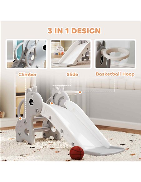AIYAPLAY 3 in 1 Kids Slide with Climber, Basketball Hoop and Ball, Giraffe Shape Climber Slide for Indoor Kids Age 1-3, Grey - pic 212788 | FastDaddyshop