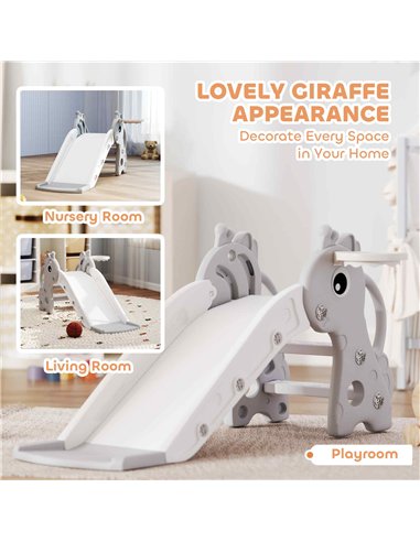 AIYAPLAY 3 in 1 Kids Slide with Climber, Basketball Hoop and Ball, Giraffe Shape Climber Slide for Indoor Kids Age 1-3, Grey