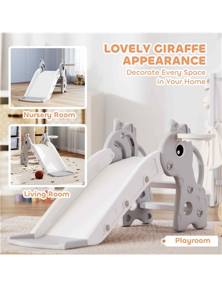 AIYAPLAY 3 in 1 Kids Slide with Climber, Basketball Hoop and Ball, Giraffe Shape Climber Slide for Indoor Kids Age 1-3, Grey - pic 212789 | FastDaddyshop