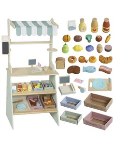 AIYAPLAY Wooden Toy Shop, Wooden Market Stall with Cash Register, Blackboard and Toy Food, 4 Storage Boxes, Ages 3+, Green