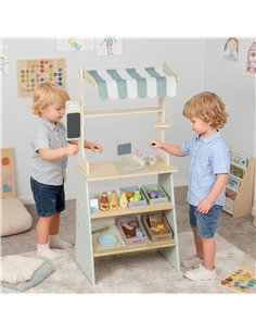 AIYAPLAY Wooden Toy Shop, Wooden Market Stall with Cash Register, Blackboard and Toy Food, 4 Storage Boxes, Ages 3+, Green 2