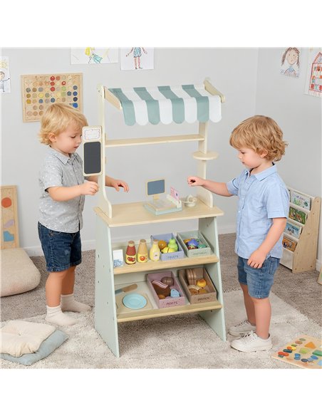 AIYAPLAY Wooden Toy Shop, Wooden Market Stall with Cash Register, Blackboard and Toy Food, 4 Storage Boxes, Ages 3+, Green - pic 212804 | FastDaddyshop