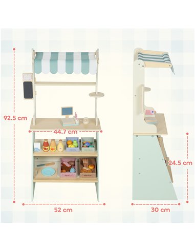 AIYAPLAY Wooden Toy Shop, Wooden Market Stall with Cash Register, Blackboard and Toy Food, 4 Storage Boxes, Ages 3+, Green