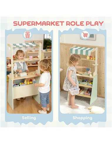 AIYAPLAY Wooden Toy Shop, Wooden Market Stall with Cash Register, Blackboard and Toy Food, 4 Storage Boxes, Ages 3+, Green