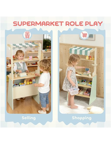 AIYAPLAY Wooden Toy Shop, Wooden Market Stall with Cash Register, Blackboard and Toy Food, 4 Storage Boxes, Ages 3+, Green - pic 212806 | FastDaddyshop