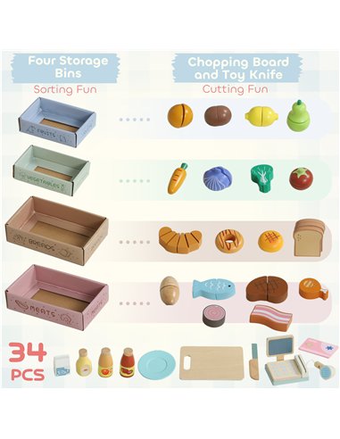 AIYAPLAY Wooden Toy Shop, Wooden Market Stall with Cash Register, Blackboard and Toy Food, 4 Storage Boxes, Ages 3+, Green