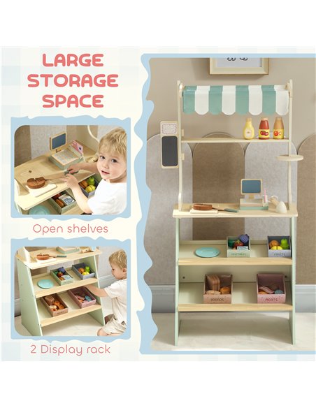 AIYAPLAY Wooden Toy Shop, Wooden Market Stall with Cash Register, Blackboard and Toy Food, 4 Storage Boxes, Ages 3+, Green - pic 212809 | FastDaddyshop