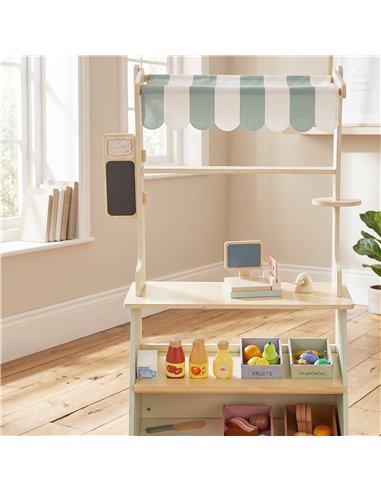 AIYAPLAY Wooden Toy Shop, Wooden Market Stall with Cash Register, Blackboard and Toy Food, 4 Storage Boxes, Ages 3+, Green