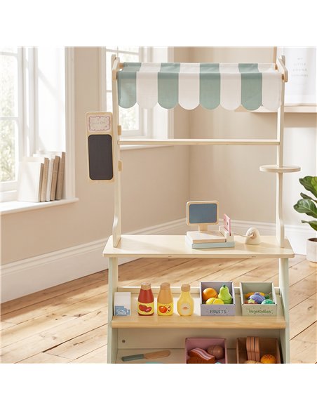 AIYAPLAY Wooden Toy Shop, Wooden Market Stall with Cash Register, Blackboard and Toy Food, 4 Storage Boxes, Ages 3+, Green - pic 212810 | FastDaddyshop