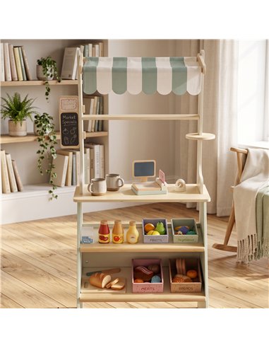 AIYAPLAY Wooden Toy Shop, Wooden Market Stall with Cash Register, Blackboard and Toy Food, 4 Storage Boxes, Ages 3+, Green