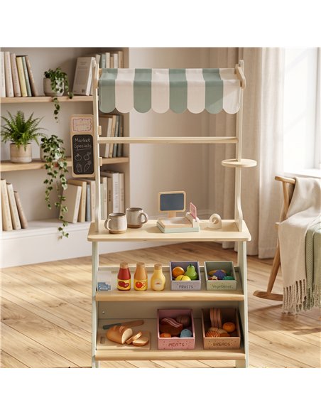 AIYAPLAY Wooden Toy Shop, Wooden Market Stall with Cash Register, Blackboard and Toy Food, 4 Storage Boxes, Ages 3+, Green - pic 212811 | FastDaddyshop
