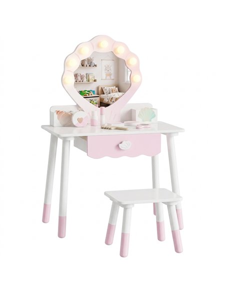 AIYAPLAY Kids Vanity Set, Kids Dressing Table with Chair, Acrylic Mirror, Lighted Bulbs, 7-Piece Accessories, for 3-8 Years, Pin - pic 212812 | FastDaddyshop