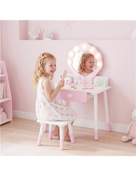 AIYAPLAY Kids Vanity Set, Kids Dressing Table with Chair, Acrylic Mirror, Lighted Bulbs, 7-Piece Accessories, for 3-8 Years, Pin - pic 212813 | FastDaddyshop