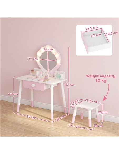 AIYAPLAY Kids Vanity Set, Kids Dressing Table with Chair, Acrylic Mirror, Lighted Bulbs, 7-Piece Accessories, for 3-8 Years, Pin - pic 212814 | FastDaddyshop