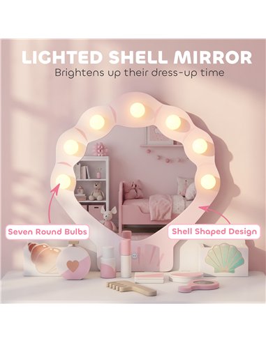 AIYAPLAY Kids Vanity Set, Kids Dressing Table with Chair, Acrylic Mirror, Lighted Bulbs, 7-Piece Accessories, for 3-8 Years, Pin
