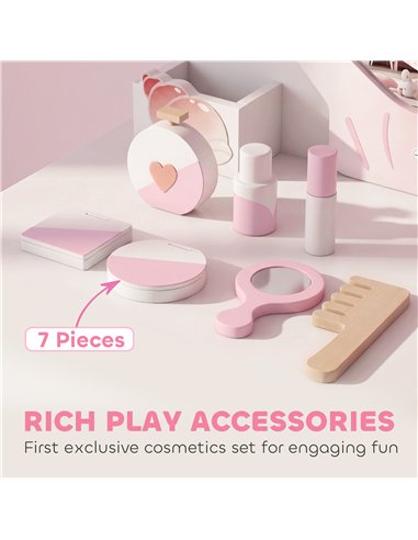 AIYAPLAY Kids Vanity Set, Kids Dressing Table with Chair, Acrylic Mirror, Lighted Bulbs, 7-Piece Accessories, for 3-8 Years, Pin
