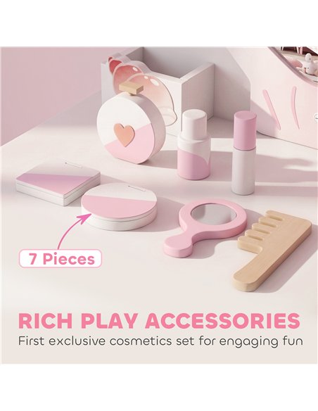 AIYAPLAY Kids Vanity Set, Kids Dressing Table with Chair, Acrylic Mirror, Lighted Bulbs, 7-Piece Accessories, for 3-8 Years, Pin - pic 212816 | FastDaddyshop