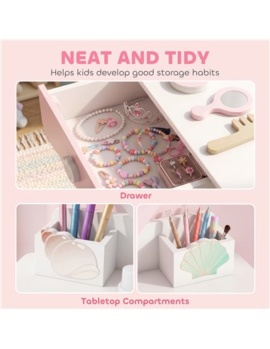 AIYAPLAY Kids Vanity Set, Kids Dressing Table with Chair, Acrylic Mirror, Lighted Bulbs, 7-Piece Accessories, for 3-8 Years, Pin