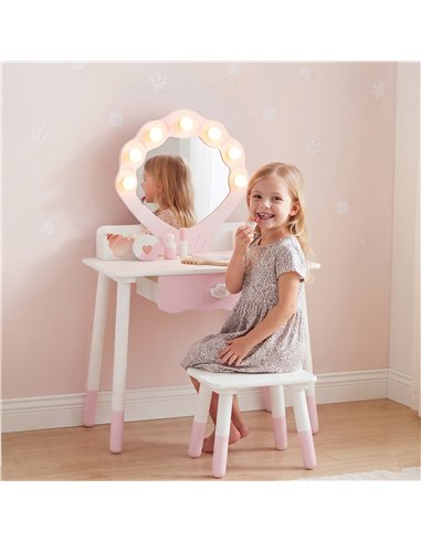 AIYAPLAY Kids Vanity Set, Kids Dressing Table with Chair, Acrylic Mirror, Lighted Bulbs, 7-Piece Accessories, for 3-8 Years, Pin