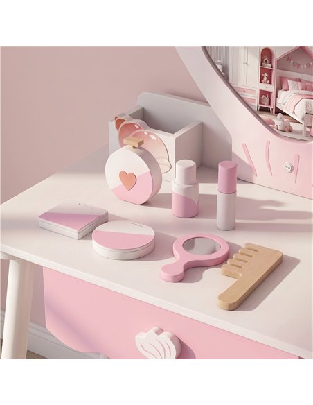 AIYAPLAY Kids Vanity Set, Kids Dressing Table with Chair, Acrylic Mirror, Lighted Bulbs, 7-Piece Accessories, for 3-8 Years, Pin - pic 212820 | FastDaddyshop