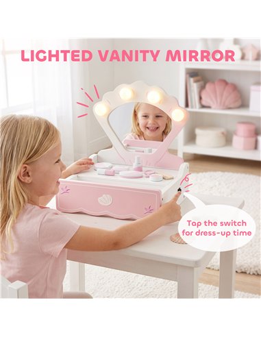 AIYAPLAY Kids Dressing Table, Portable Vanity Table with Lights, Mirror, Drawer, Accessories, Gift for 3-6 Years