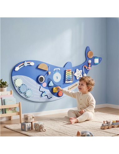AIYAPLAY Whale Activity Wall Busy Board, 13 in 1 Montessori Inspired Sensory Wall Panel for Playroom Nursery Boys Girls 2+, Blue