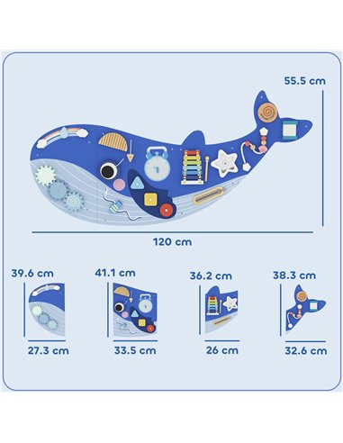 AIYAPLAY Whale Activity Wall Busy Board, 13 in 1 Montessori Inspired Sensory Wall Panel for Playroom Nursery Boys Girls 2+, Blue