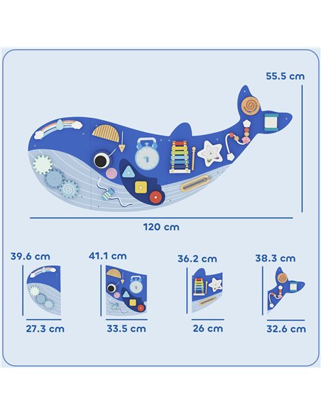 AIYAPLAY Whale Activity Wall Busy Board, 13 in 1 Montessori Inspired Sensory Wall Panel for Playroom Nursery Boys Girls 2+, Blue - pic 212841 | FastDaddyshop