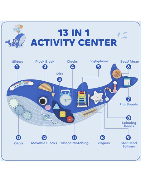 AIYAPLAY Whale Activity Wall Busy Board, 13 in 1 Montessori Inspired Sensory Wall Panel for Playroom Nursery Boys Girls 2+, Blue - pic 212842 | FastDaddyshop