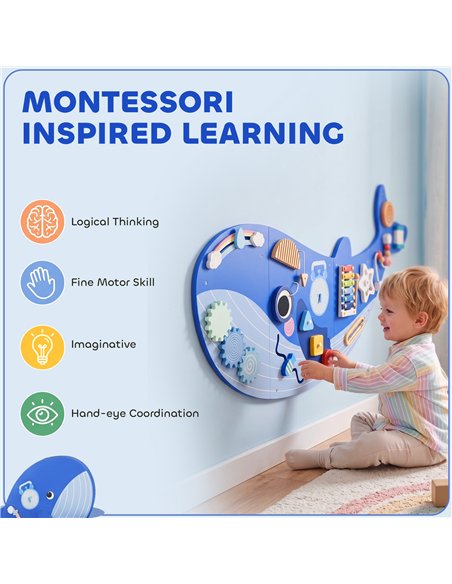 AIYAPLAY Whale Activity Wall Busy Board, 13 in 1 Montessori Inspired Sensory Wall Panel for Playroom Nursery Boys Girls 2+, Blue - pic 212843 | FastDaddyshop