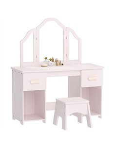 AIYAPLAY Kids Dressing Table, Kids Vanity Table and Chair Set with Tri-Folding Mirror, 2 Drawers, 2 Cabinets for Girls 3+, Pink
