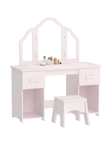 AIYAPLAY Kids Dressing Table, Kids Vanity Table and Chair Set with Tri-Folding Mirror, 2 Drawers, 2 Cabinets for Girls 3+, Pink - pic 212848 | FastDaddyshop