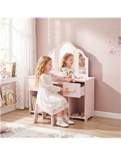 AIYAPLAY Kids Dressing Table, Kids Vanity Table and Chair Set with Tri-Folding Mirror, 2 Drawers, 2 Cabinets for Girls 3+, Pink 2