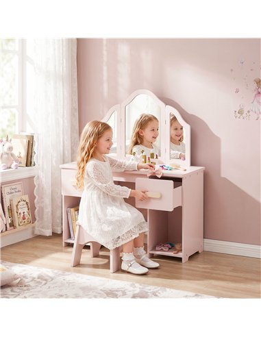 AIYAPLAY Kids Dressing Table, Kids Vanity Table and Chair Set with Tri-Folding Mirror, 2 Drawers, 2 Cabinets for Girls 3+, Pink